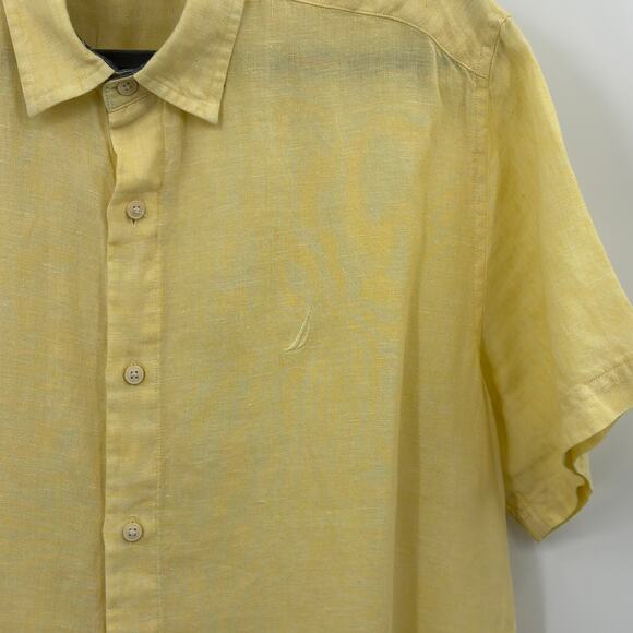Nautica Linen Shirt Men Large Short Sleeve Button Down Yellow Minimalist Coastal - Picture 4 of 12